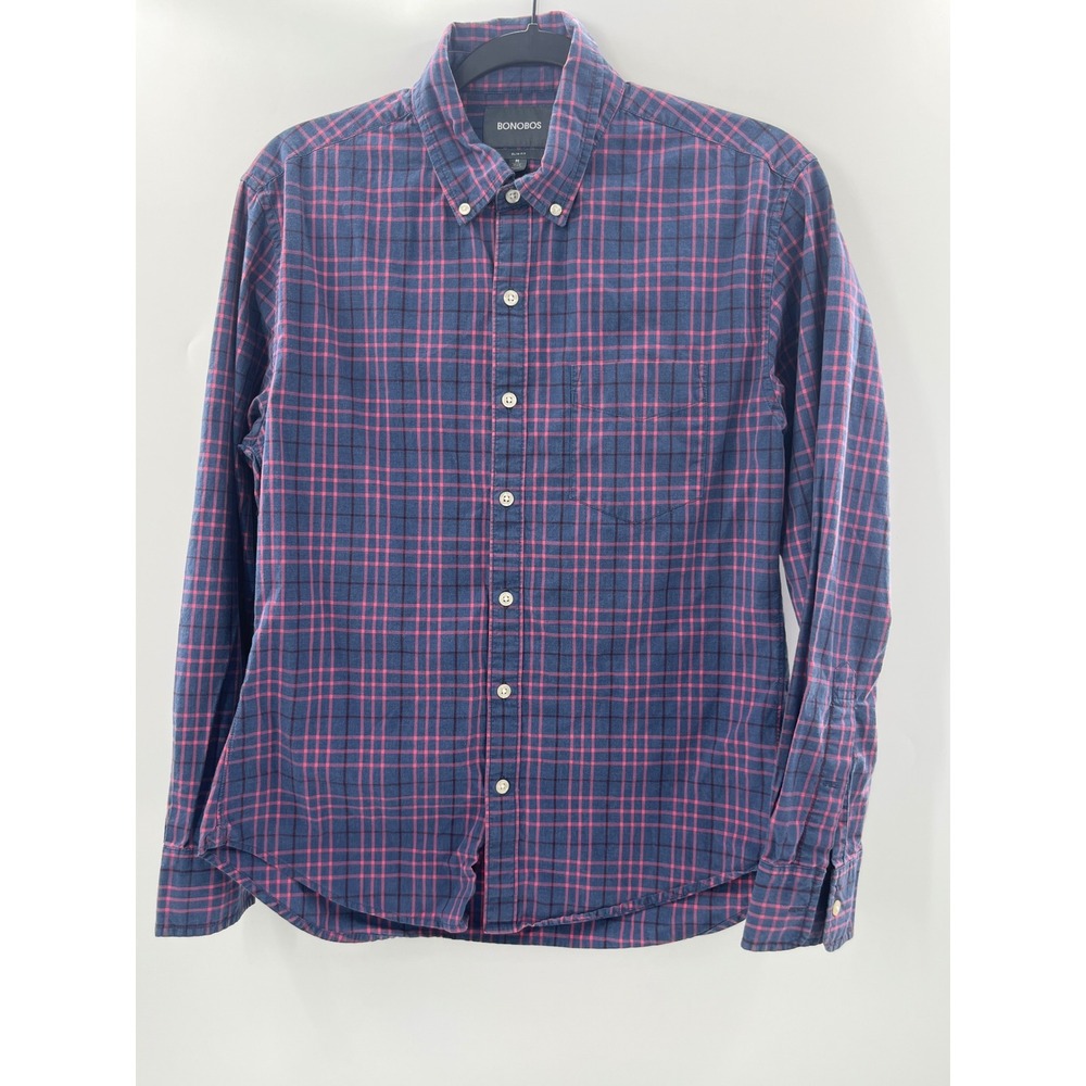 Bonobos‎ Slim Fit Plaid Button Down Shirt Mens Medium Short Navy Pink Check